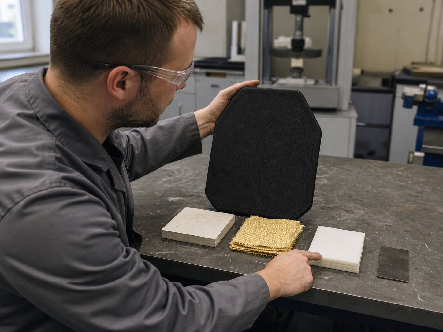 Materialprüfung einer Schutzplatte mit Keramik-, Aramid-, Polyethylen- und Stahlproben