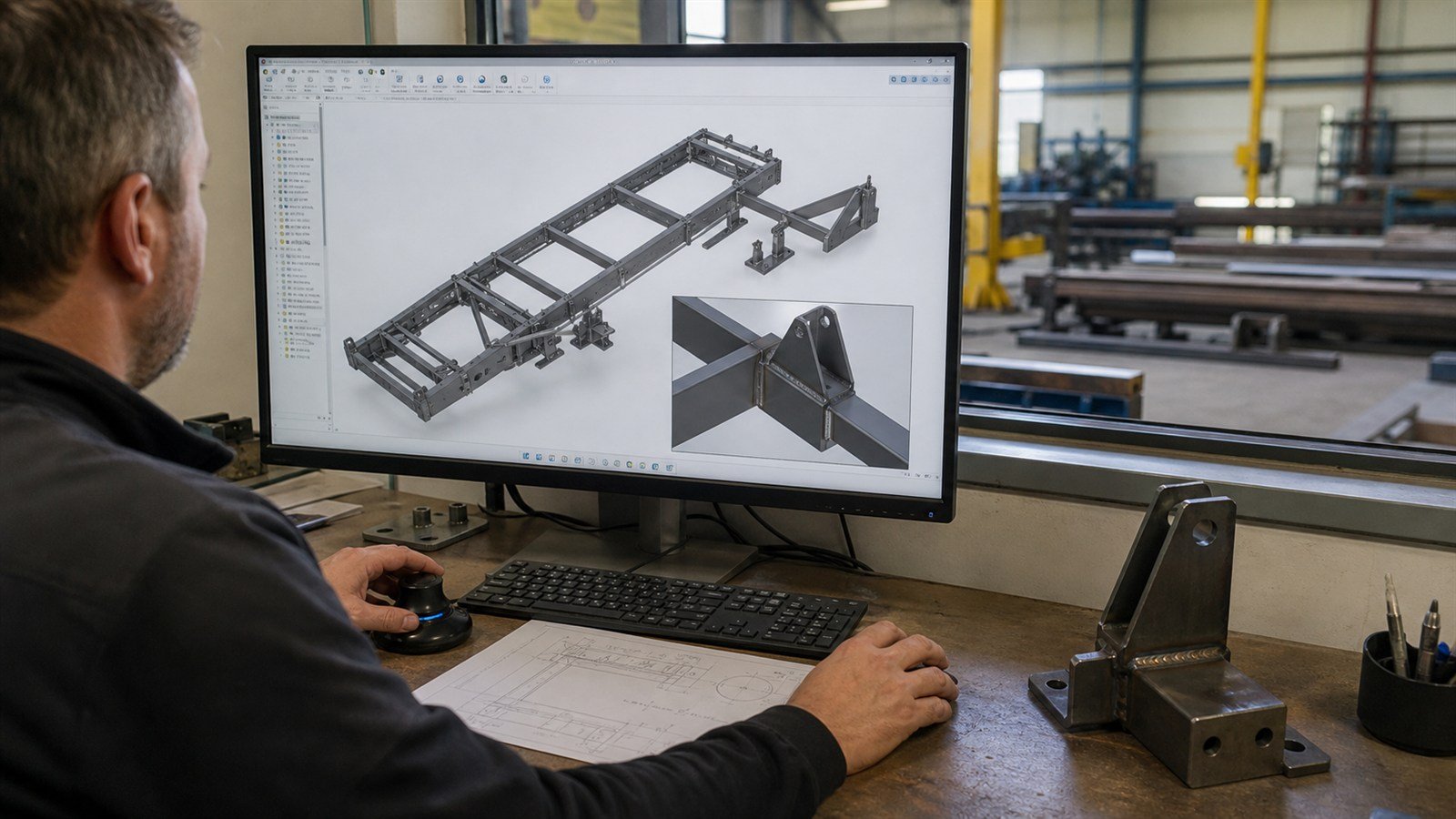 Konstrukteur entwickelt eine geschwei&szlig;te Stahlbaugruppe im 3D-CAD und gleicht sie mit der Werkstattzeichnung ab